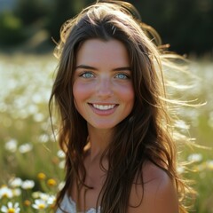 Portrait of a smiling young woman with long brown hair standing in a field of daisies