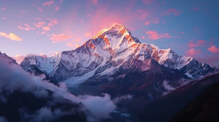 Mount Everest, the highest mountain in the world, at sunset