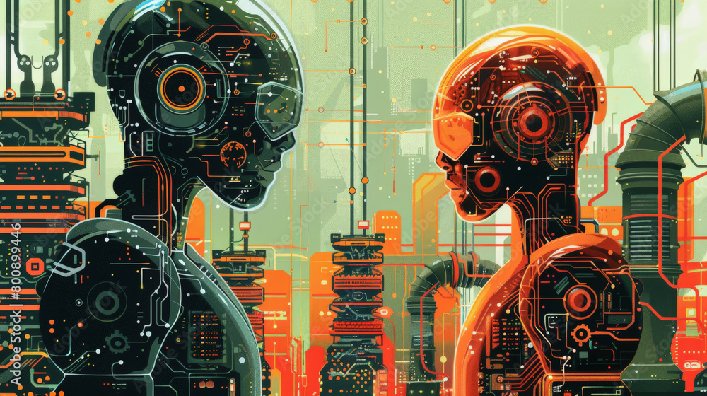 Poster digital artwork of two stylized humanoid robots facing each other with intricate circuit designs, se