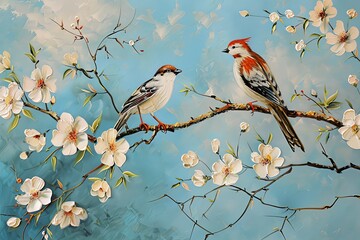 Morning Serenity: Two Birds on Tree with White Flowers and Blue Background Vertical Oil Painting Printable Art for Home Decor