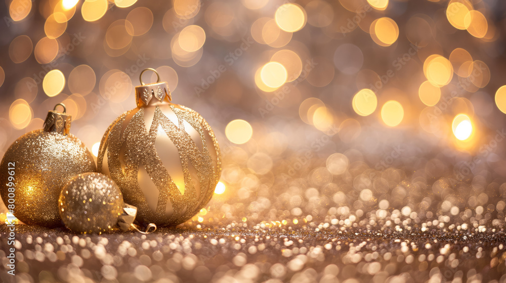 Poster glitter-covered christmas baubles rest on a surface with a sparkly golden bokeh background enhancing