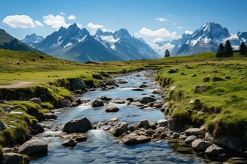 A beautiful landscape of a mountain valley with a river running through it