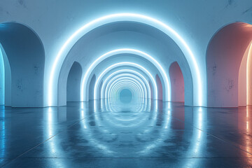 Abstract futuristic tunnel with glowing neon arches, empty room with white floor and blue light in the center. Created with Ai