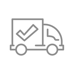 Delivery truck with checkmark. Delivered courier shipment vector icon.