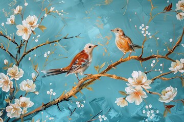 Vertical Oil Painting: Two Birds on Tree with White Flowers - Printable Interior Wall Art