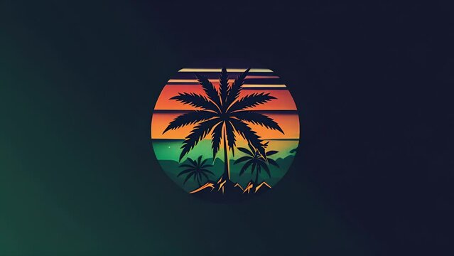 Illustrated video logo of palm trees with Marijuana style leaves on a beach over the ocean at sunset in a circular cutout logo.. Logo for Californian cannabis products company.
