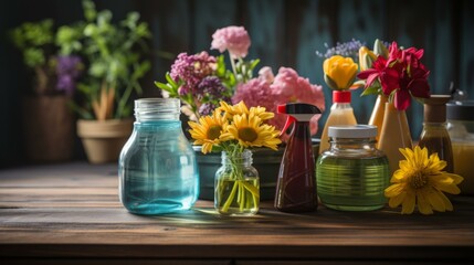 A variety of flowers and gardening tools on a wooden table