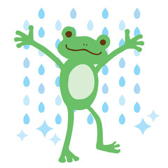 雨の中楽しそうに笑うかわいいカエルのベクターイラスト