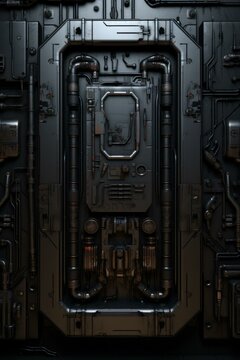 rusty spaceship bulkhead door with lots of pipes and greebles