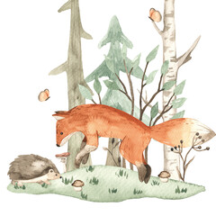 Watercolor composition with cute forest animals, fox and hedgehog, spruce, trees, mushrooms, plants for baby cards, invitations, baby showers, nursery