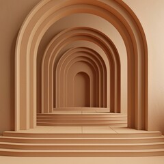 3D rendering of an arched hallway with a podium