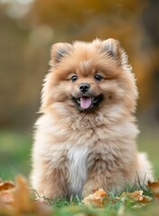 Fluffy Pomeranian Puppy Dog Sitting in a Field