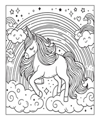 Cute cartoon unicorn with rainbow coloring page. Color and black white vector illustration for coloring book,