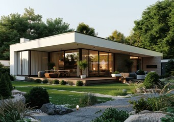 Modern minimalist house with large glass windows and a spacious terrace