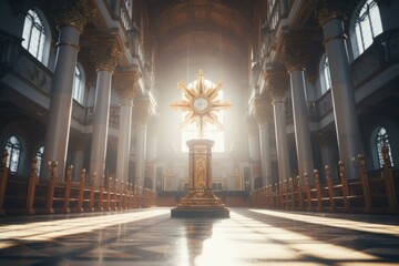 Ornate church interior with glowing altar