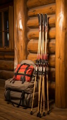 A Collection of Vintage Wooden Cross-Country Skis and Poles Leaning Against a Wooden Wall