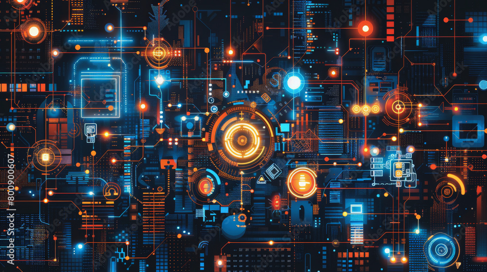 Poster futuristic digital motherboard with glowing circuits, processors, and electronic elements symbolizin
