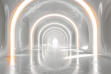 Abstract white and orange light arches on the background of a gray floor in a modern. Created with AI