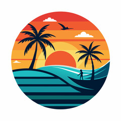 surfer on the beach silhouette vector art illustration with white background, Summer t shirt