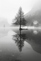 Tree in the middle of a lake with mountains in the background