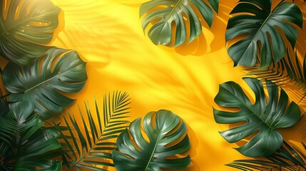 An illustration of a monstera leaf against a bright yellow summer background for an advertising leaflet, banner, or poster. Modern illustration.