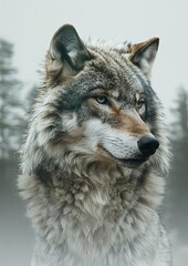 Obraz premium Wolf Double Exposure Silhouette: Stark White Icy Tundra Collage