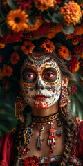 A young woman wearing a traditional Mexican headdress and face paint for the Day of the Dead celebration