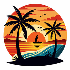 surfer on the beach silhouette vector art illustration with white background, Summer t shirt