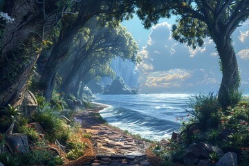 fantasy landscape with stone path and sea