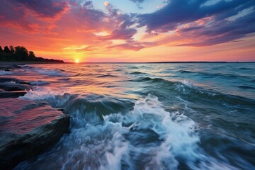 colorful sunset over lake splashing against rocky shore
