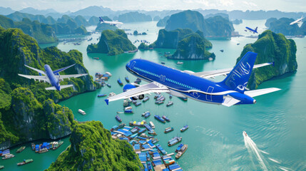 Create a serene scene of airplanes flying over the tranquil waters and limestone karsts of Halong Bay, Vietnam