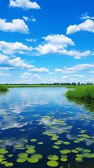 Obraz premium Blue sky and white clouds with green plants in the water