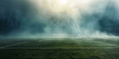 An empty soccer field with a goal in the distance