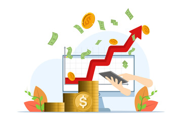 Success, profit, investment growth concept, computer with graph to money and success, laptop and up arrow graph, Stairs to success, Trendy flat style, flat vector illustration on white background.