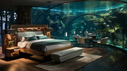 Amazing Underwater Bedroom With Glass Wall Fish Tank
