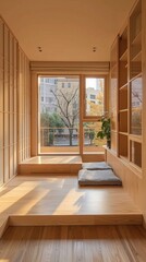 Obraz premium A cozy tatami room with a view of the city