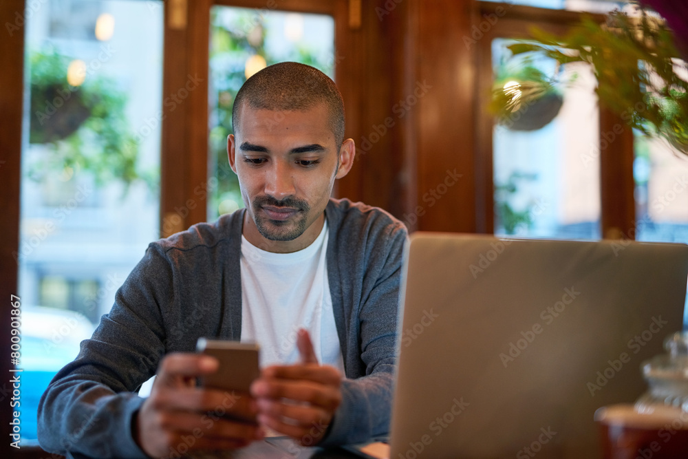 Poster laptop, cellphone and businessman in cafe working on creative web design for startup company. techno