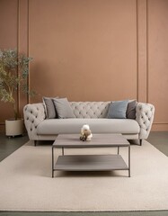 Luxury living room in warm colors. Brown beige walls, light gray lounge furniture -sofa, table. Empty background microcement for art. Rich interior design. Mockup room office reception. 3d, Ai Generat