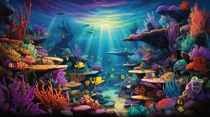 Undersea coral reef with a variety of fish and colorful corals