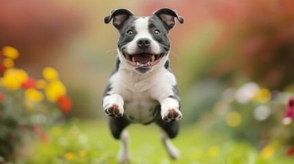 A happy Staffordshire Bull Terrier dog is running in mid-air in a field of flowers - obrazy, fototapety, plakaty