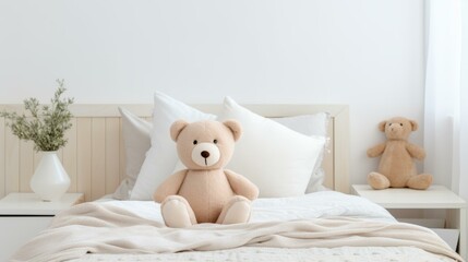 A cute teddy bear sitting on a bed with a blanket and a vase of flowers on the nightstand