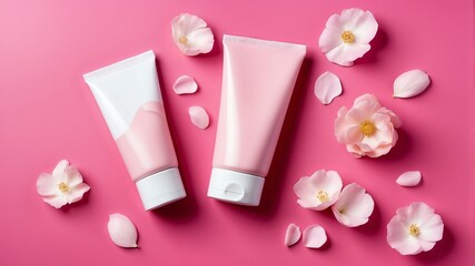 Obraz na płótnie Canvas pink flower petals background with lotion tube container for healthy skincare ad beauty product concept from Generative AI