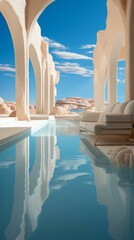 Futuristic Desert Oasis with Infinity Pool and Lounge Area
