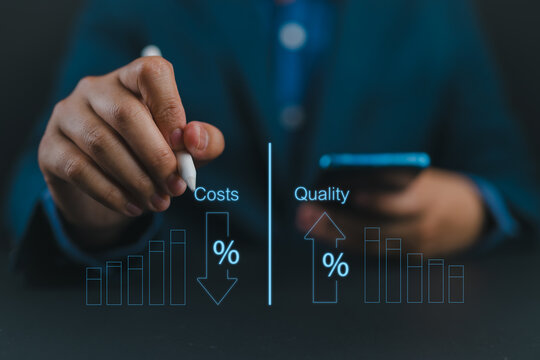 Cost and quality control, business strategy and project management concept. Businessman working on digital tablet computer with quality control growth graph and cost reduction, effective business
