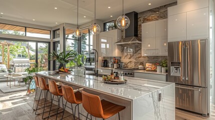 Design a modern kitchen with sleek stainless steel appliances, quartz countertops, and minimalist cabinetry for a clean and contemporary look. - obrazy, fototapety, plakaty