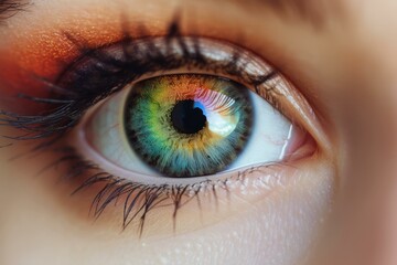 Fototapeta premium A close-up of a woman's eye with a beautiful green and blue iris and dark eyelashes. The eye is looking at the camera.