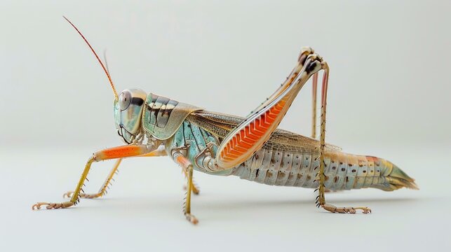 A green and brown grasshopper on a white background