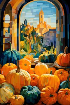 Colorful pumpkins of various sizes in front of a stained glass window