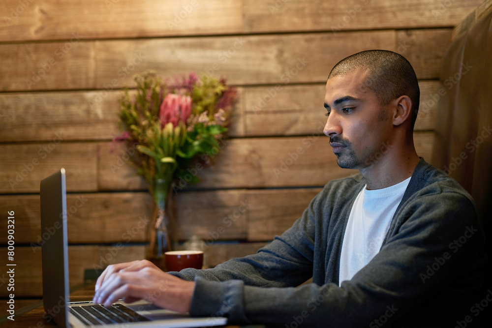 Poster laptop, typing and businessman in home working on creative web design for startup company. technolog