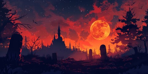 Naklejka premium Vampire castle under red moon night